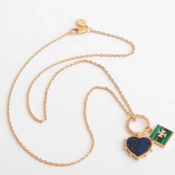 NWOT Tory Burch Gold Green Enamel Square, Blue Lapis Heart 18 in. Neckla… - Picture 4 of 5